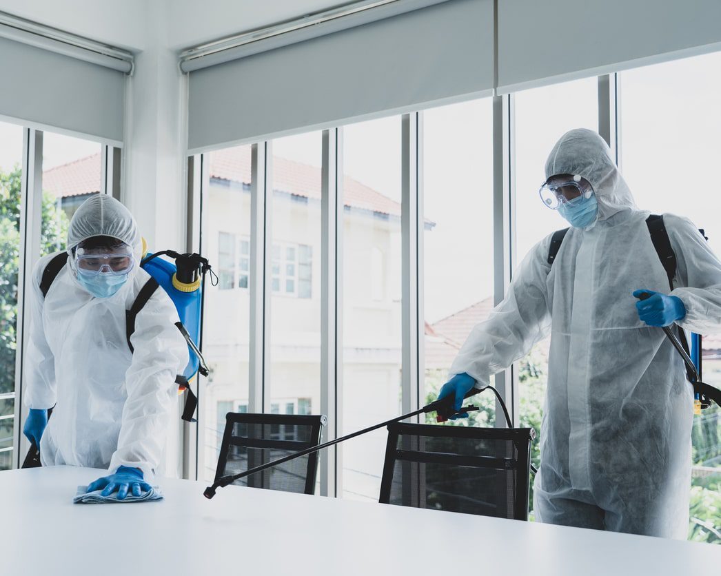 Collegiate Clean technicians disinfecting a commercial interior in Tampa, FL