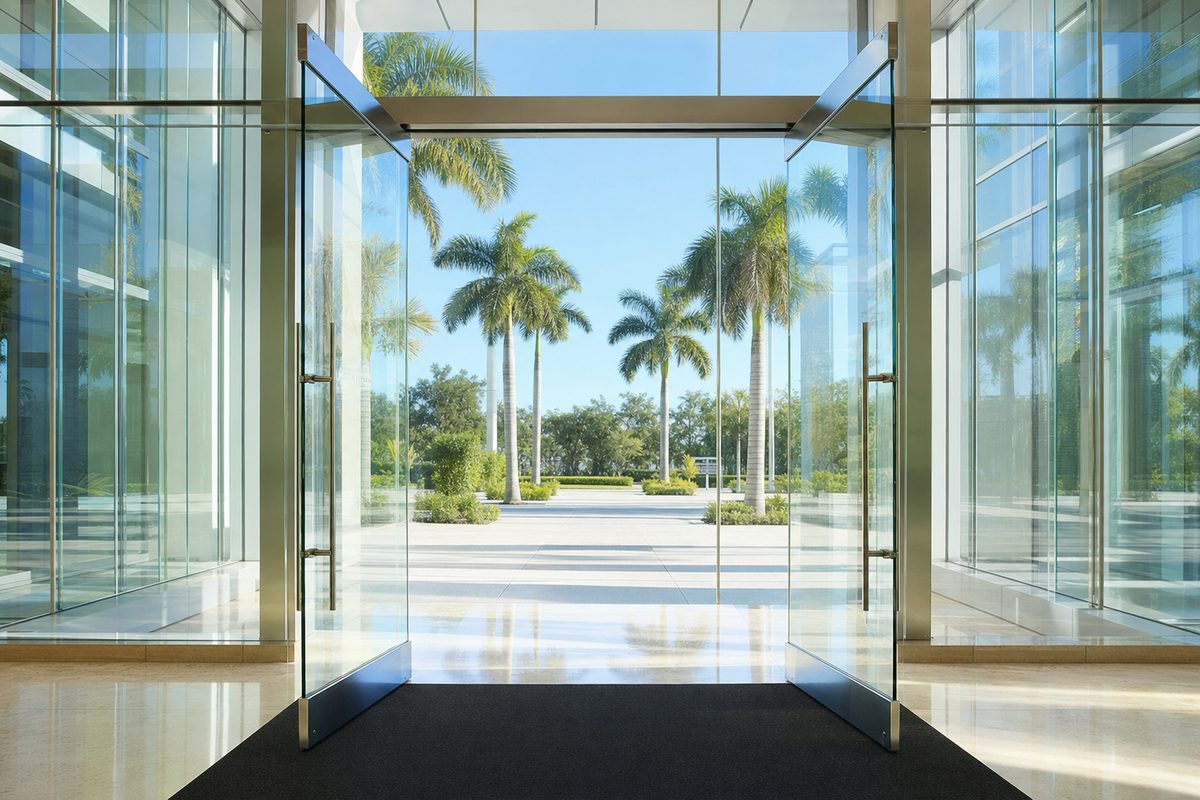 Glass entrance of a newer commercial building in Riverview, Florida